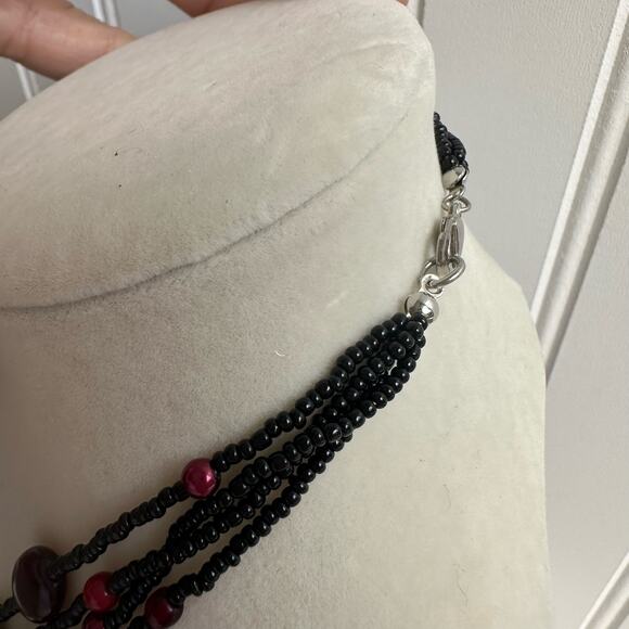 Garnet Red Faux pearl Acrylic Oval Bead Multi Strand Choker Necklace 18 inch - Picture 4 of 5